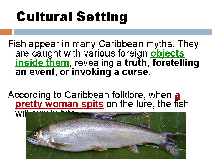 Cultural Setting Fish appear in many Caribbean myths. They are caught with various foreign