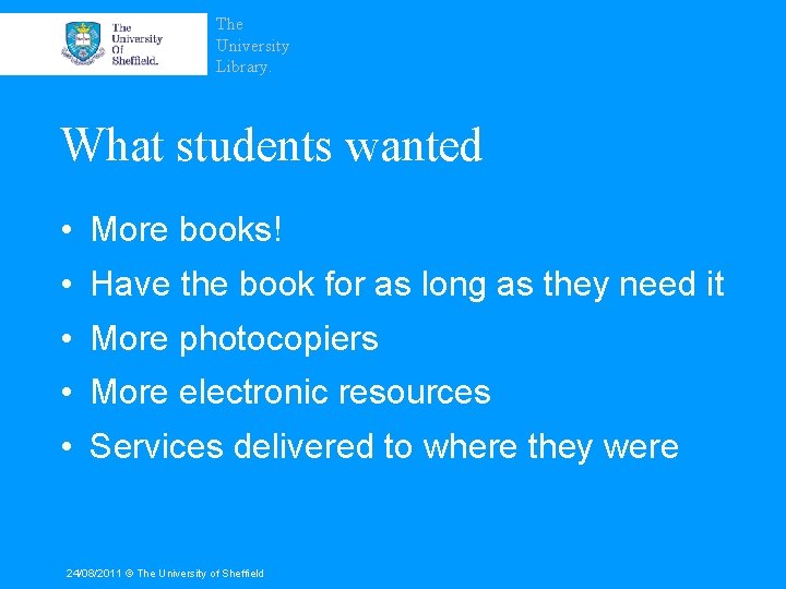 The University Library. What students wanted • More books! • Have the book for