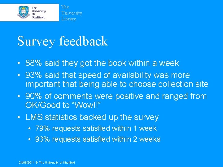 The University Library. Survey feedback • 88% said they got the book within a