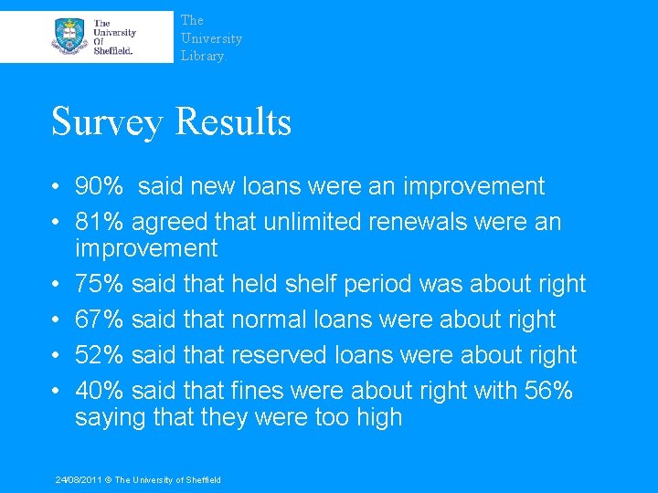 The University Library. Survey Results • 90% said new loans were an improvement •