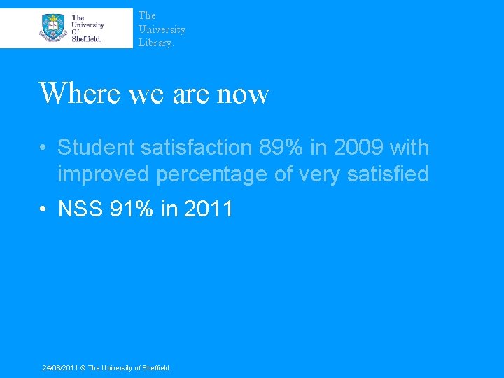 The University Library. Where we are now • Student satisfaction 89% in 2009 with