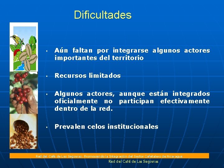 Dificultades § § Aún faltan por integrarse algunos actores importantes del territorio Recursos limitados