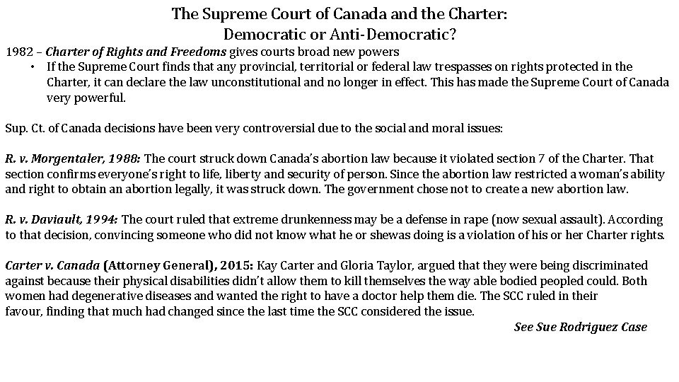The Supreme Court of Canada and the Charter: Democratic or Anti-Democratic? 1982 – Charter