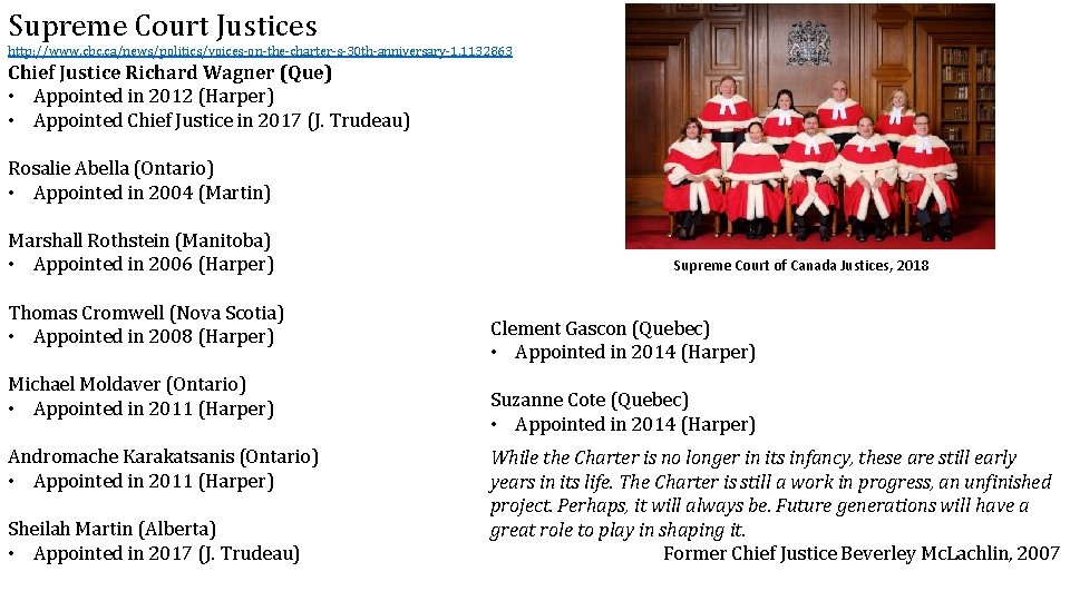 Supreme Court Justices http: //www. cbc. ca/news/politics/voices-on-the-charter-s-30 th-anniversary-1. 1132863 Chief Justice Richard Wagner (Que)
