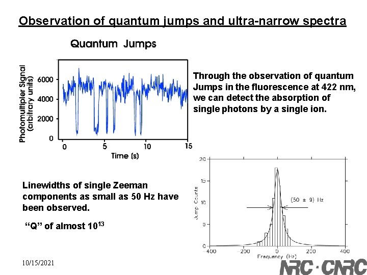 Observation of quantum jumps and ultra-narrow spectra Through the observation of quantum Jumps in