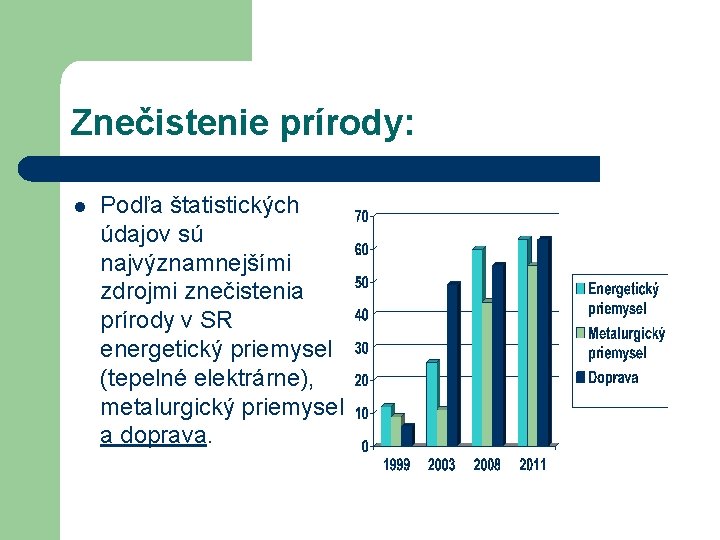 Znečistenie prírody: l Podľa štatistických údajov sú najvýznamnejšími zdrojmi znečistenia prírody v SR energetický