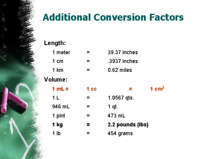 Additional Conversion Factors Length: 1 meter = 39. 37 inches 1 cm = . Additional Conversion Factors Length: 1 meter = 39. 37 inches 1 cm = .