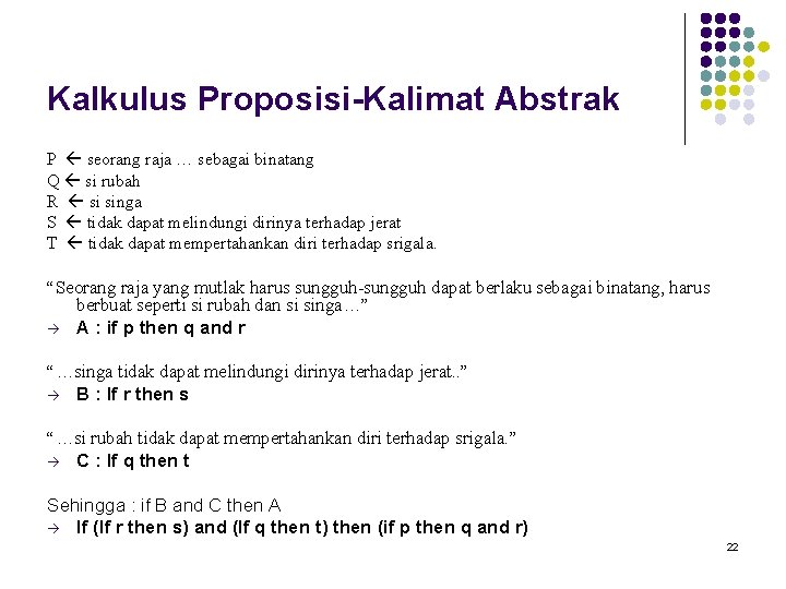 Kalkulus Proposisi-Kalimat Abstrak P seorang raja … sebagai binatang Q si rubah R si