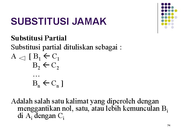SUBSTITUSI JAMAK Substitusi Partial Substitusi partial dituliskan sebagai : A [ B 1 C