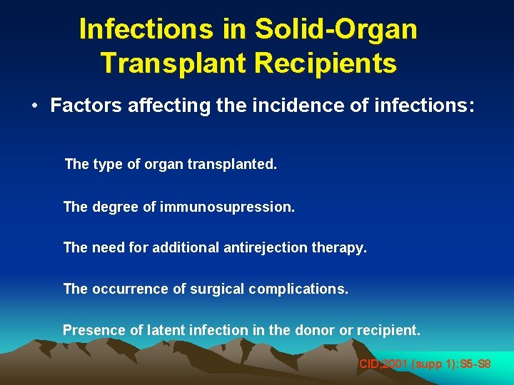 Infections in Solid-Organ Transplant Recipients • Factors affecting the incidence of infections: The type