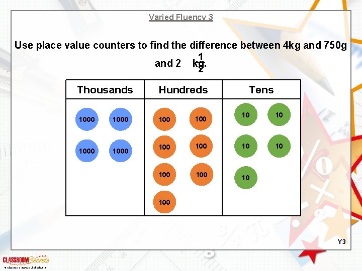 Varied Fluency 3 Use place value counters to find the difference between 4 kg