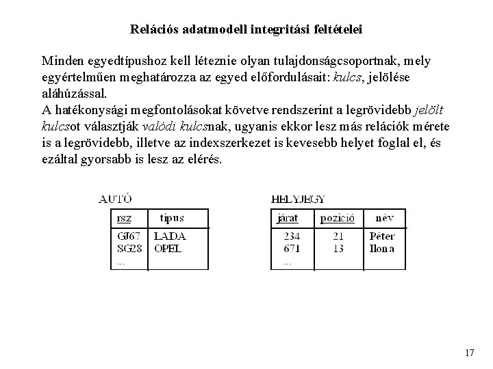 Relációs adatmodell integritási feltételei Minden egyedtípushoz kell léteznie olyan tulajdonságcsoportnak, mely egyértelműen meghatározza az