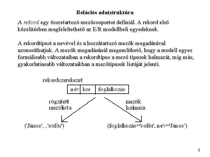 Relációs adatstruktúra A rekord egy összetartozó mezőcsoportot definiál. A rekord első közelítésben megfeleltethető az