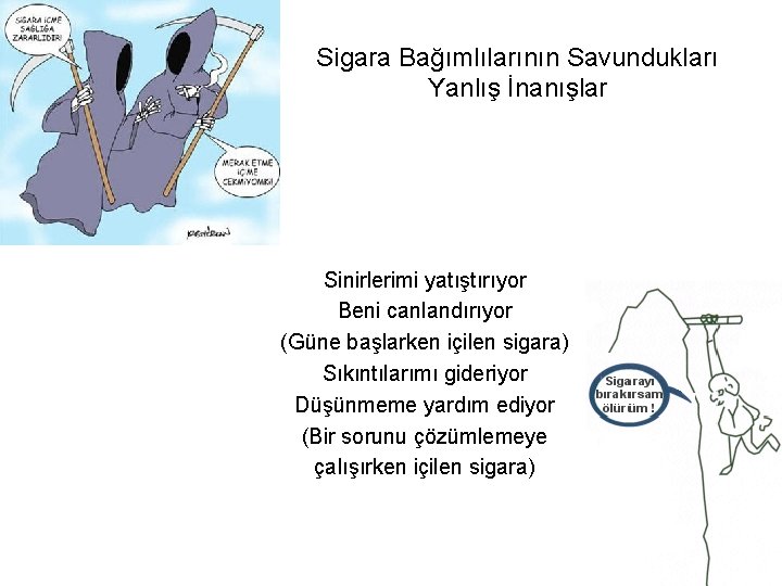 Sigara Bağımlılarının Savundukları Yanlış İnanışlar Sinirlerimi yatıştırıyor Beni canlandırıyor (Güne başlarken içilen sigara) Sıkıntılarımı