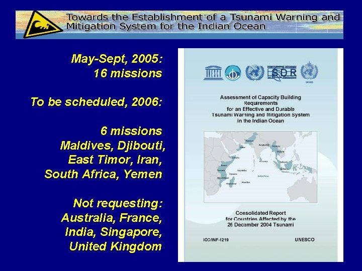 May-Sept, 2005: 16 missions To be scheduled, 2006: 6 missions Maldives, Djibouti, East Timor,