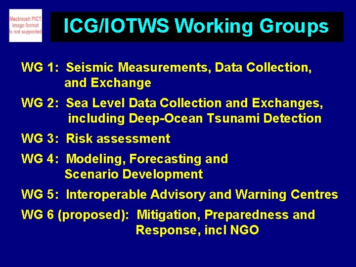 ICG/IOTWS Working Groups WG 1: Seismic Measurements, Data Collection, and Exchange WG 2: Sea