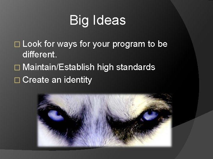 Big Ideas � Look for ways for your program to be different. � Maintain/Establish