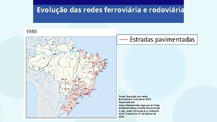 Evolução das redes ferroviária e rodoviária Fonte: Evolução das redes ferroviária e rodoviária. IBGE.