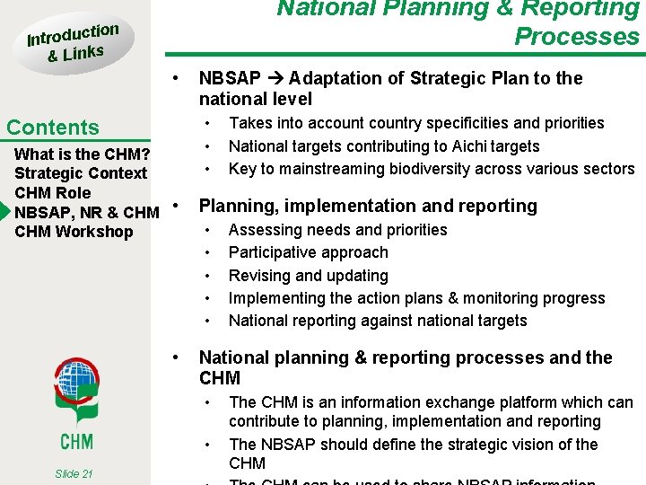 National Planning & Reporting Processes tion Introduc & Links • Contents What is the