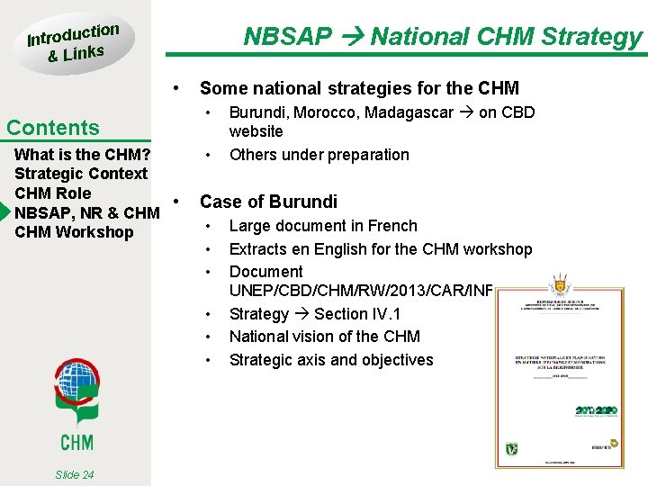 tion Introduc & Links NBSAP National CHM Strategy • Contents What is the CHM?