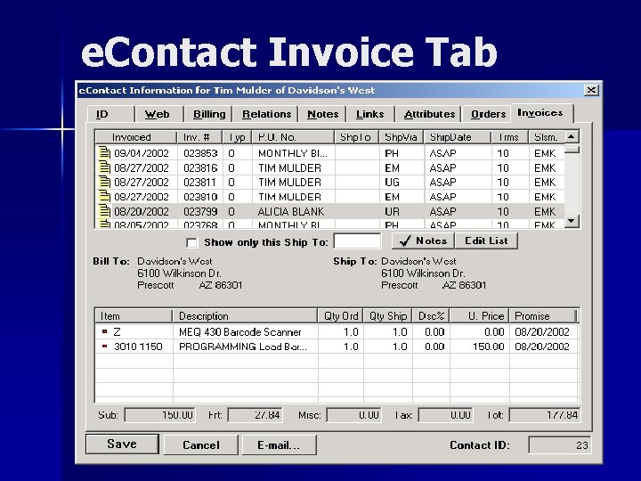 e. Contact Invoice Tab 