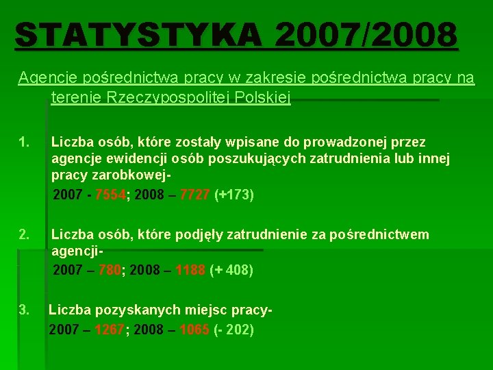 STATYSTYKA 2007/2008 Agencje pośrednictwa pracy w zakresie pośrednictwa pracy na terenie Rzeczypospolitej Polskiej 1.