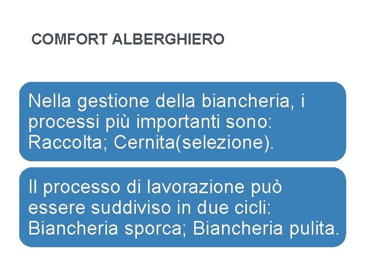 COMFORT ALBERGHIERO Nella gestione della biancheria, i processi più importanti sono: Raccolta; Cernita(selezione). Il COMFORT ALBERGHIERO Nella gestione della biancheria, i processi più importanti sono: Raccolta; Cernita(selezione). Il