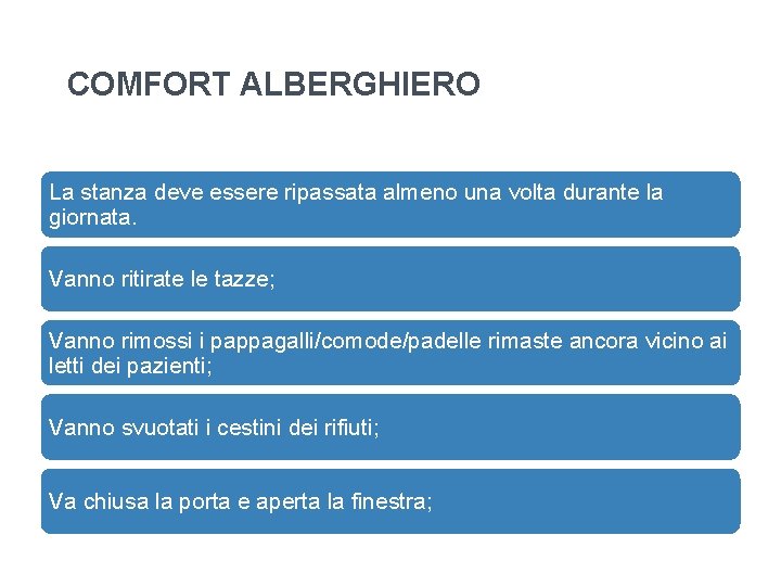COMFORT ALBERGHIERO La stanza deve essere ripassata almeno una volta durante la giornata. Vanno COMFORT ALBERGHIERO La stanza deve essere ripassata almeno una volta durante la giornata. Vanno