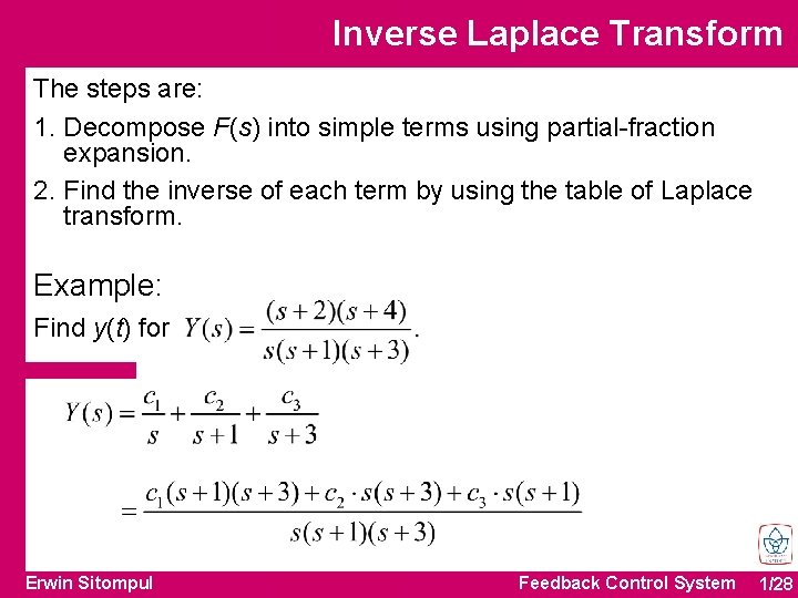 Inverse Laplace Transform The steps are: 1. Decompose F(s) into simple terms using partial-fraction Inverse Laplace Transform The steps are: 1. Decompose F(s) into simple terms using partial-fraction