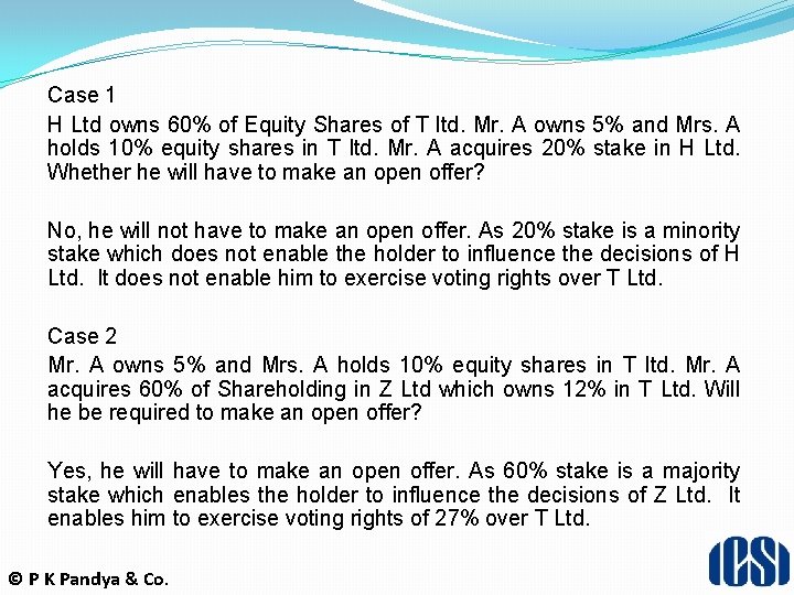 Case 1 H Ltd owns 60% of Equity Shares of T ltd. Mr. A