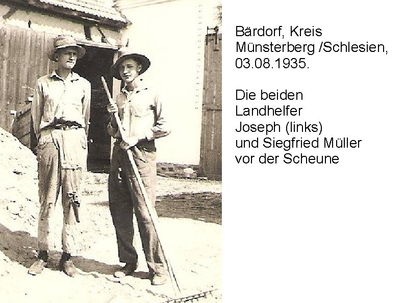 Bärdorf, Kreis Münsterberg /Schlesien, 03. 08. 1935. Die beiden Landhelfer Joseph (links) und Siegfried