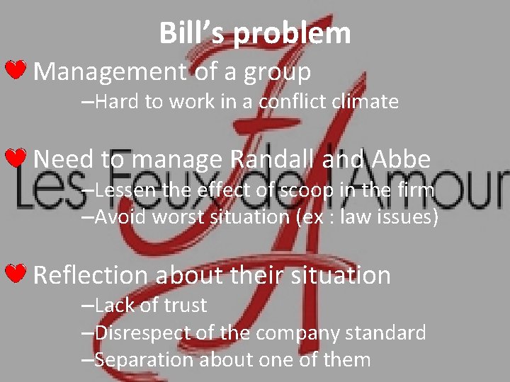 Bill’s problem Management of a group –Hard to work in a conflict climate Need