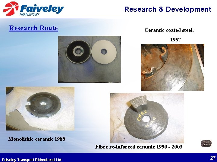 Research & Development Research Route Ceramic coated steel. 1987 Monolithic ceramic 1988 Fibre re-inforced