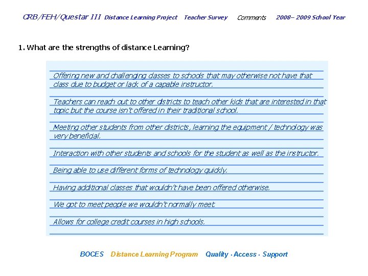 CRB/FEH/Questar III Distance Learning Project Teacher Survey Comments 2008– 2009 School Year 1. What
