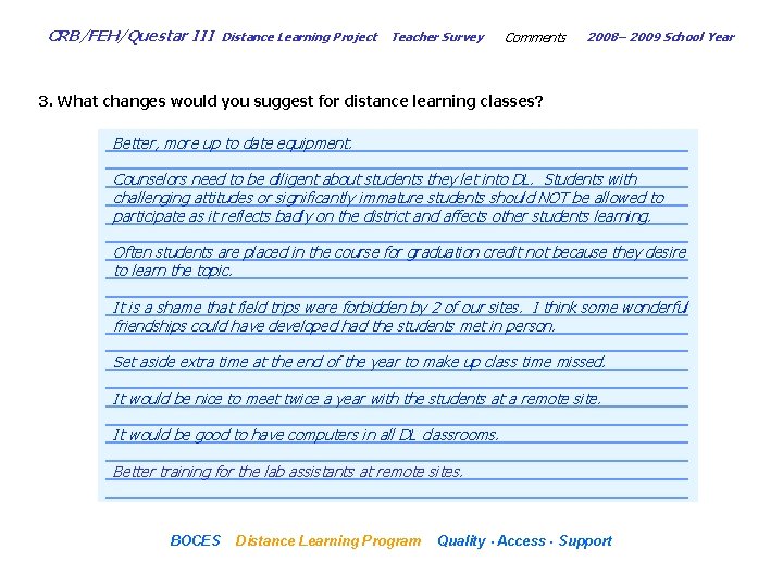 CRB/FEH/Questar III Distance Learning Project Teacher Survey Comments 2008– 2009 School Year 3. What