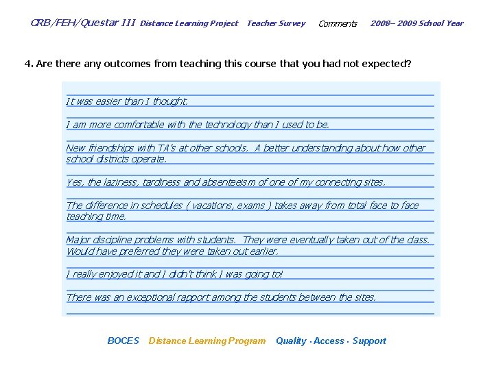 CRB/FEH/Questar III Distance Learning Project Teacher Survey Comments 2008– 2009 School Year 4. Are