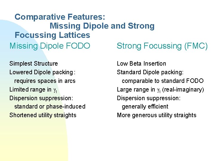 Comparative Features: Missing Dipole and Strong Focussing Lattices Missing Dipole FODO Strong Focussing (FMC)