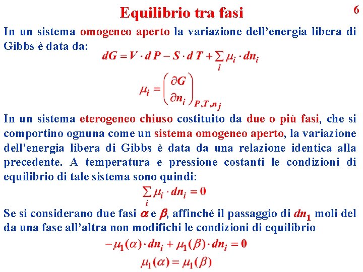 Equilibrio tra fasi 6 In un sistema omogeneo aperto la variazione dell’energia libera di