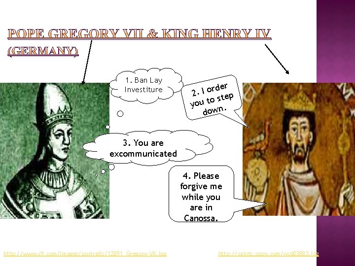 POPE GREGORY VII & KING HENRY IV (GERMANY) 1. Ban Lay Investiture rder 2.