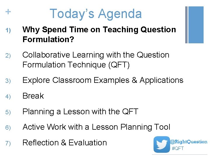 + Today’s Agenda 1) Why Spend Time on Teaching Question Formulation? 2) Collaborative Learning