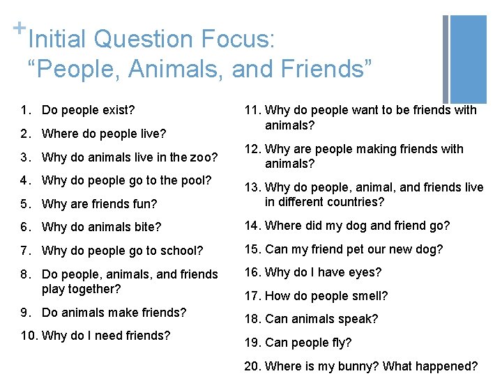 + Initial Question Focus: “People, Animals, and Friends” 1. Do people exist? 2. Where