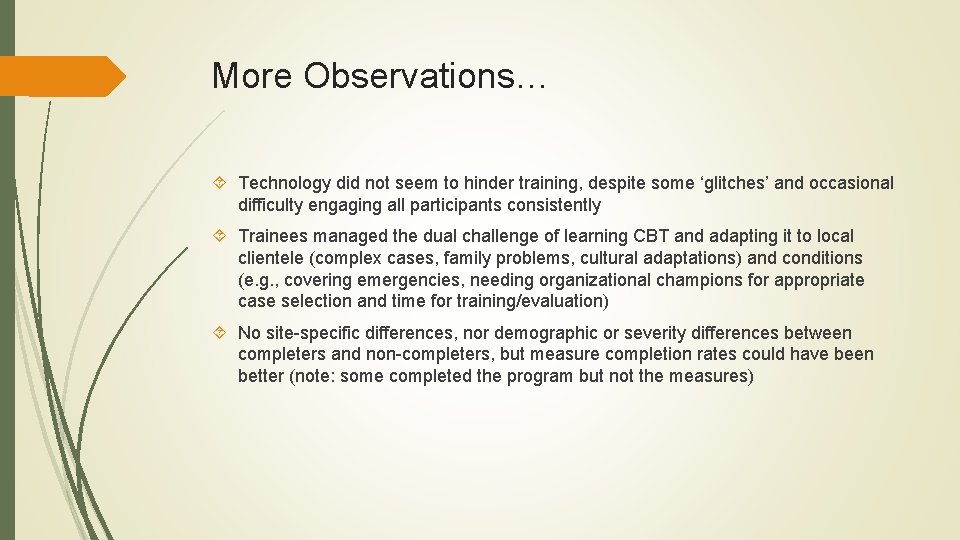 More Observations… Technology did not seem to hinder training, despite some ‘glitches’ and occasional