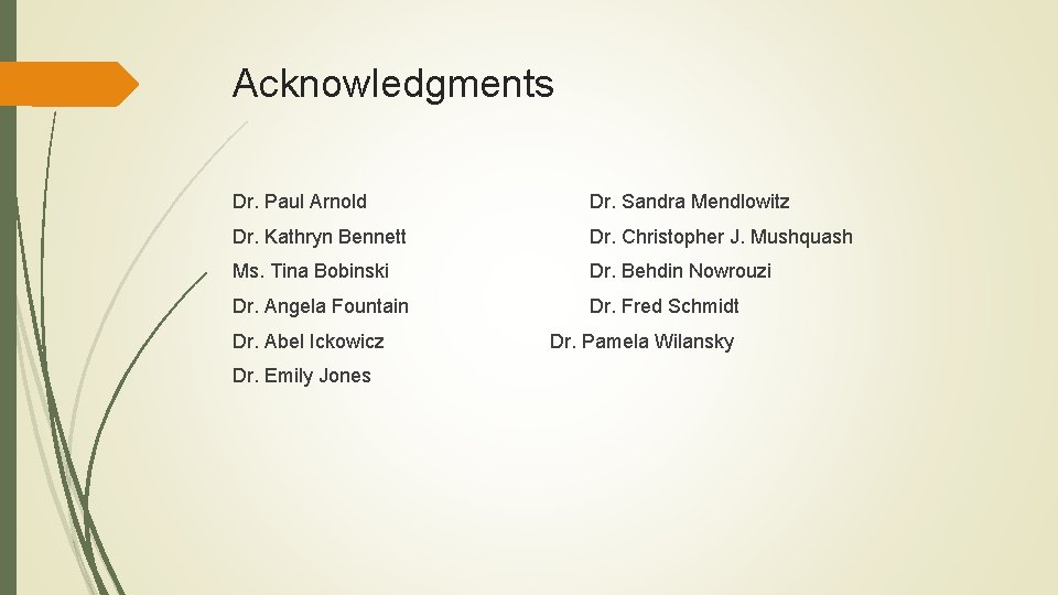 Acknowledgments Dr. Paul Arnold Dr. Sandra Mendlowitz Dr. Kathryn Bennett Dr. Christopher J. Mushquash