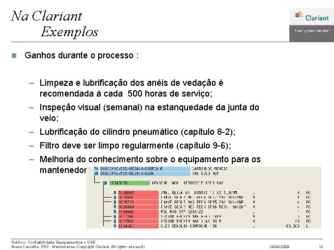 Na Clariant Exemplos n Ganhos durante o processo : – Limpeza e lubrificação dos