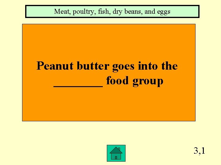 Meat, poultry, fish, dry beans, and eggs Peanut butter goes into the ____ food