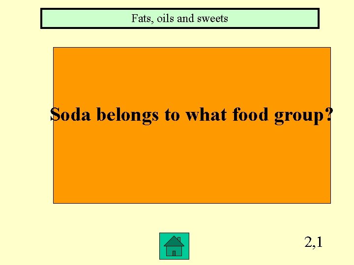 Fats, oils and sweets Soda belongs to what food group? 2, 1 
