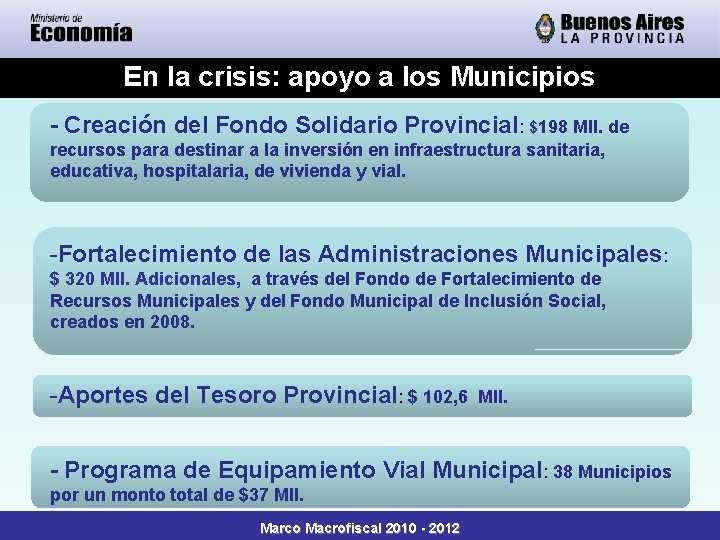 En la crisis: apoyo a los Municipios - Creación del Fondo Solidario Provincial: $198