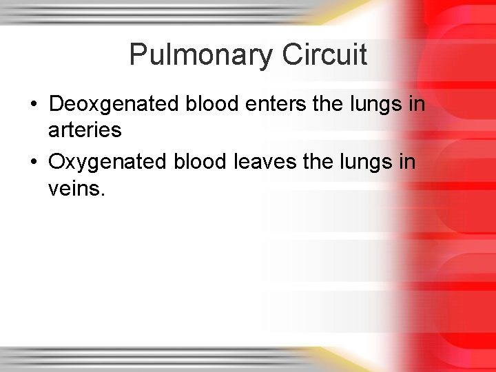 Pulmonary Circuit • Deoxgenated blood enters the lungs in arteries • Oxygenated blood leaves