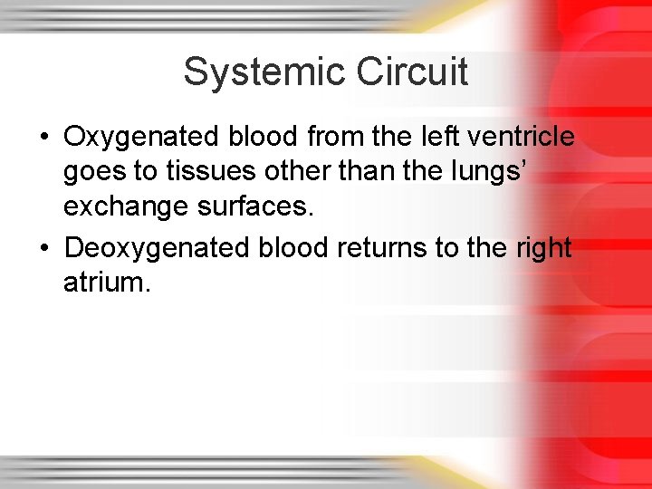 Systemic Circuit • Oxygenated blood from the left ventricle goes to tissues other than
