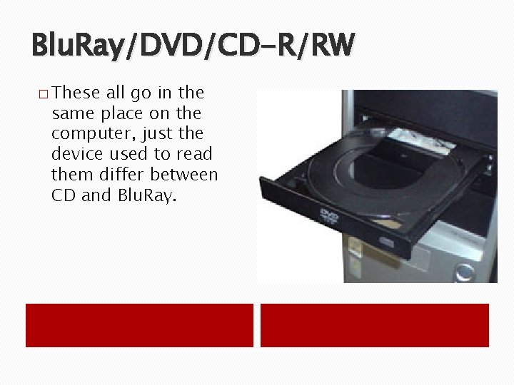 Blu. Ray/DVD/CD-R/RW � These all go in the same place on the computer, just